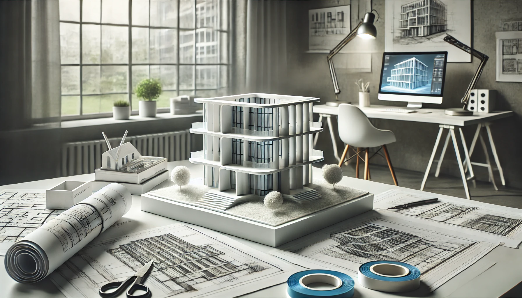 DALL·E 2024-12-22 00.37.37 - A modern architectural studio showcasing a 3D-printed scale model of a futuristic building, placed on a clean workspace with architectural drawings an.png