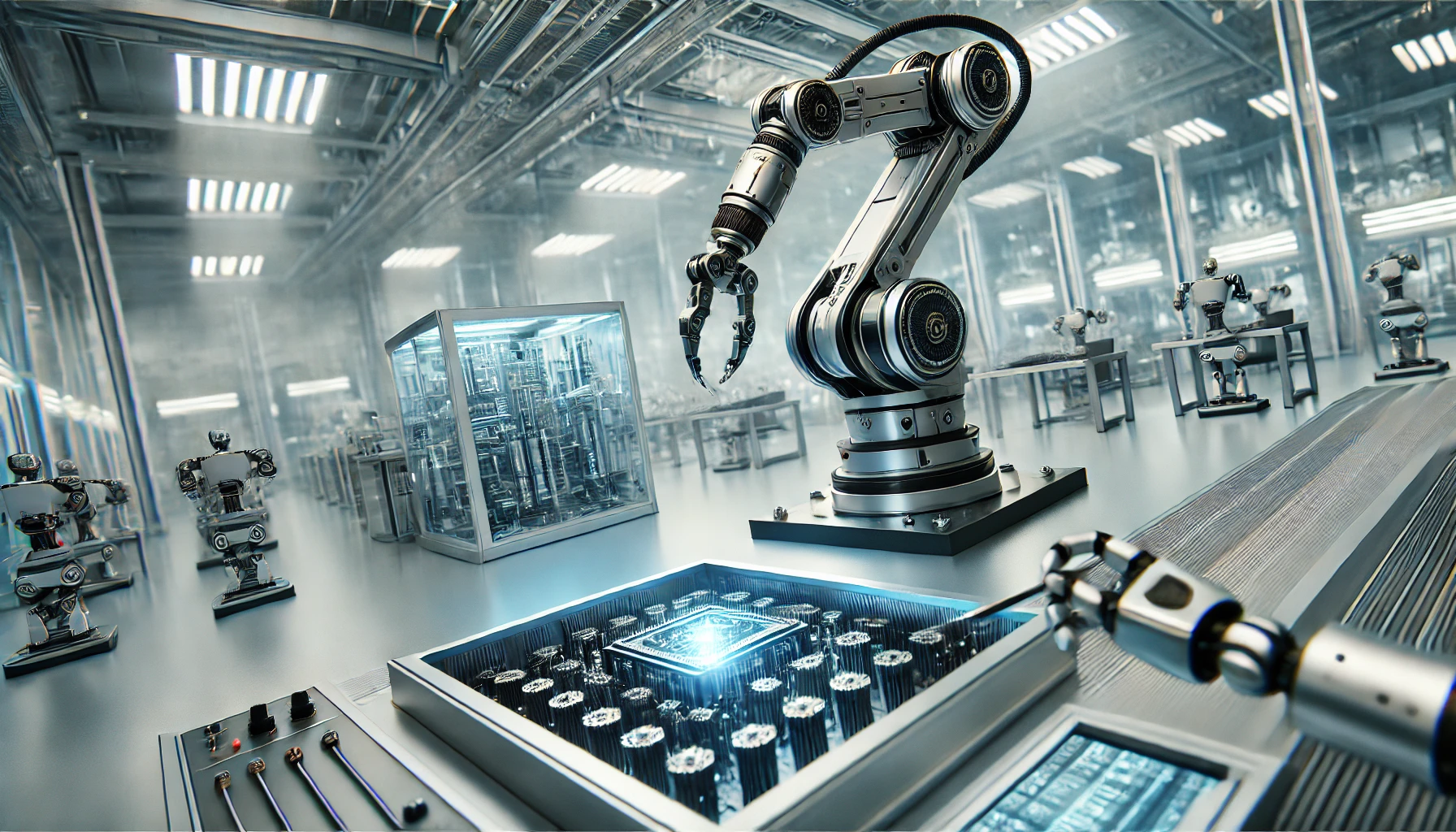 DALL·E 2024-12-22 00.37.28 - A futuristic robotic arm assembling intricate components in a sleek, high-tech laboratory, representing the innovation of robotics. The scene is well- (1).png