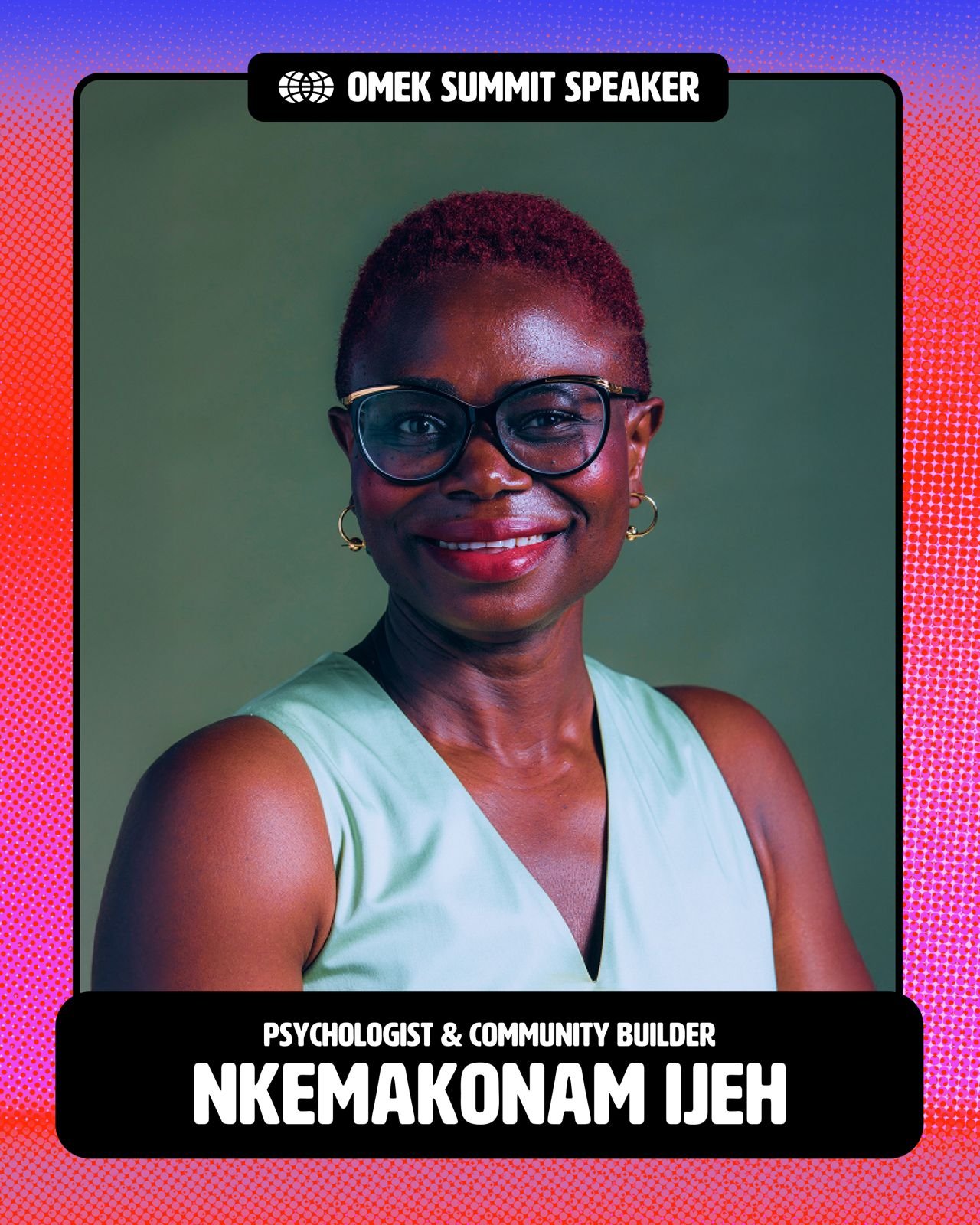 Portrait of a smiling black woman with short red hair, wearing glasses, hoop earrings, and a light green sleeveless top, set against a green background. The image is styled as a digital badge with the label "Omeka Summit Speaker" at the top, and her name "Nkemakonam Ijeh" along with her roles as "Psychologist & Community Builder" at the bottom.