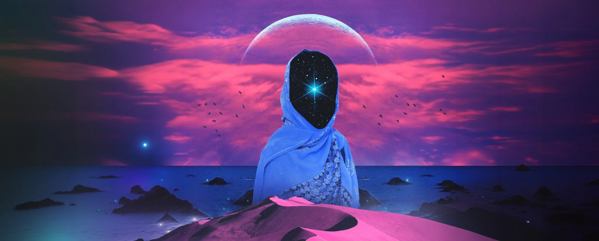A surreal digital artwork of a faceless figure with a galaxy inside the head, wearing a blue headscarf, overlooking an ocean landscape at sunset with pink and purple clouds, a large moon, and small glowing orbs and birds in the sky.