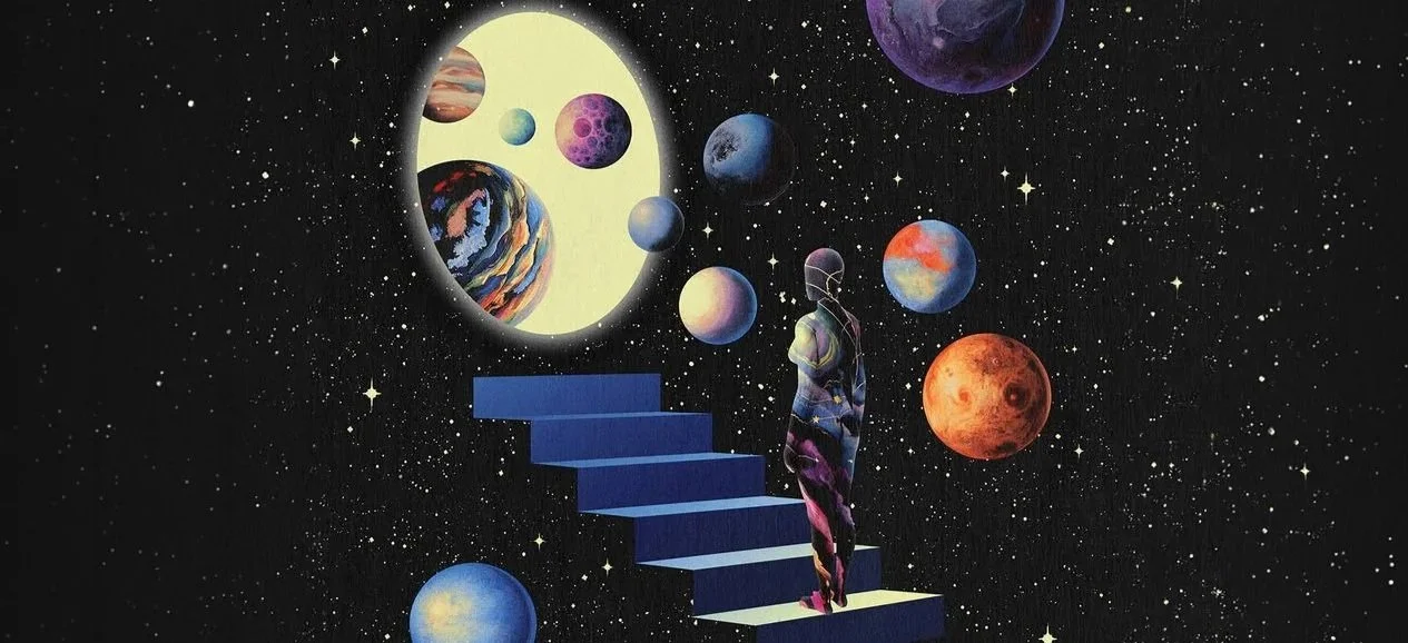 A surreal artwork of a person standing on blue stairs in space, surrounded by colorful planets and stars with a large glowing moon or planet in the background.