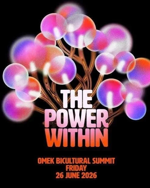 Illustration of multicolored nodes connected by lines, with text 'The Power Within' and details of the Omek Bicultural Summit on June 26, 2026.