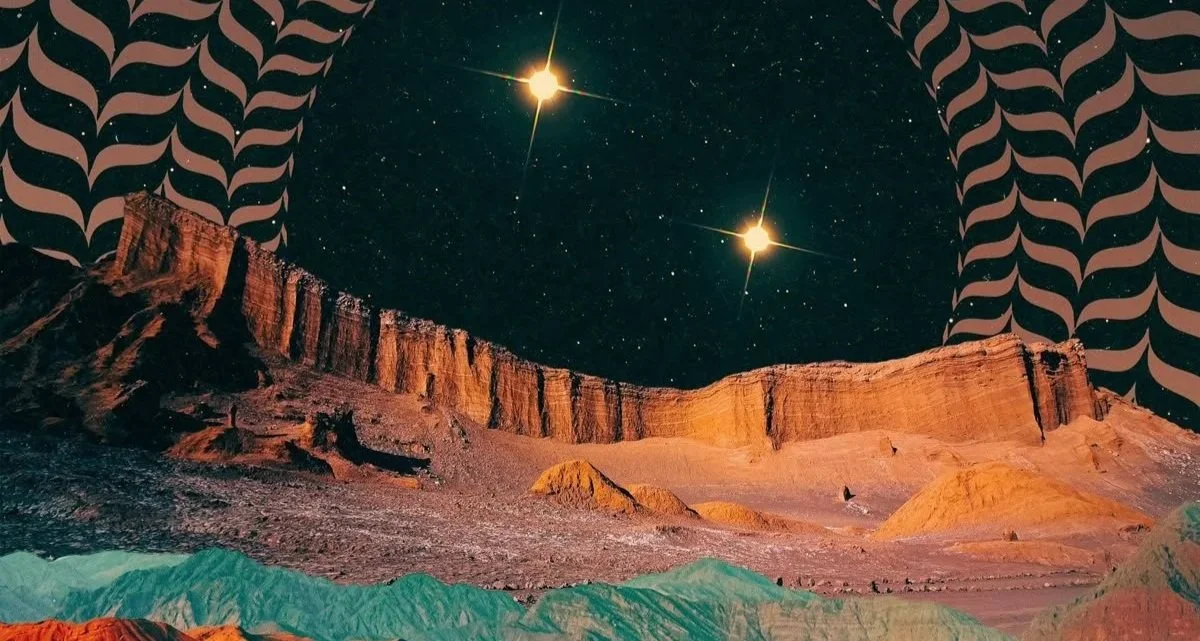 A surreal landscape image featuring a rocky, mountainous terrain under a starry night sky with two bright celestial bodies. The scene is surrounded by a patterned, abstract border.