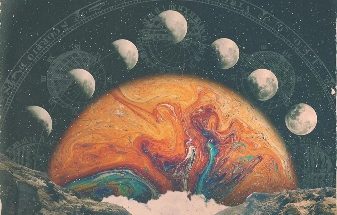 A cosmic art scene depicting the moon's phases around a fiery, swirling planet or sun, with rocky lunar surface in the foreground.
