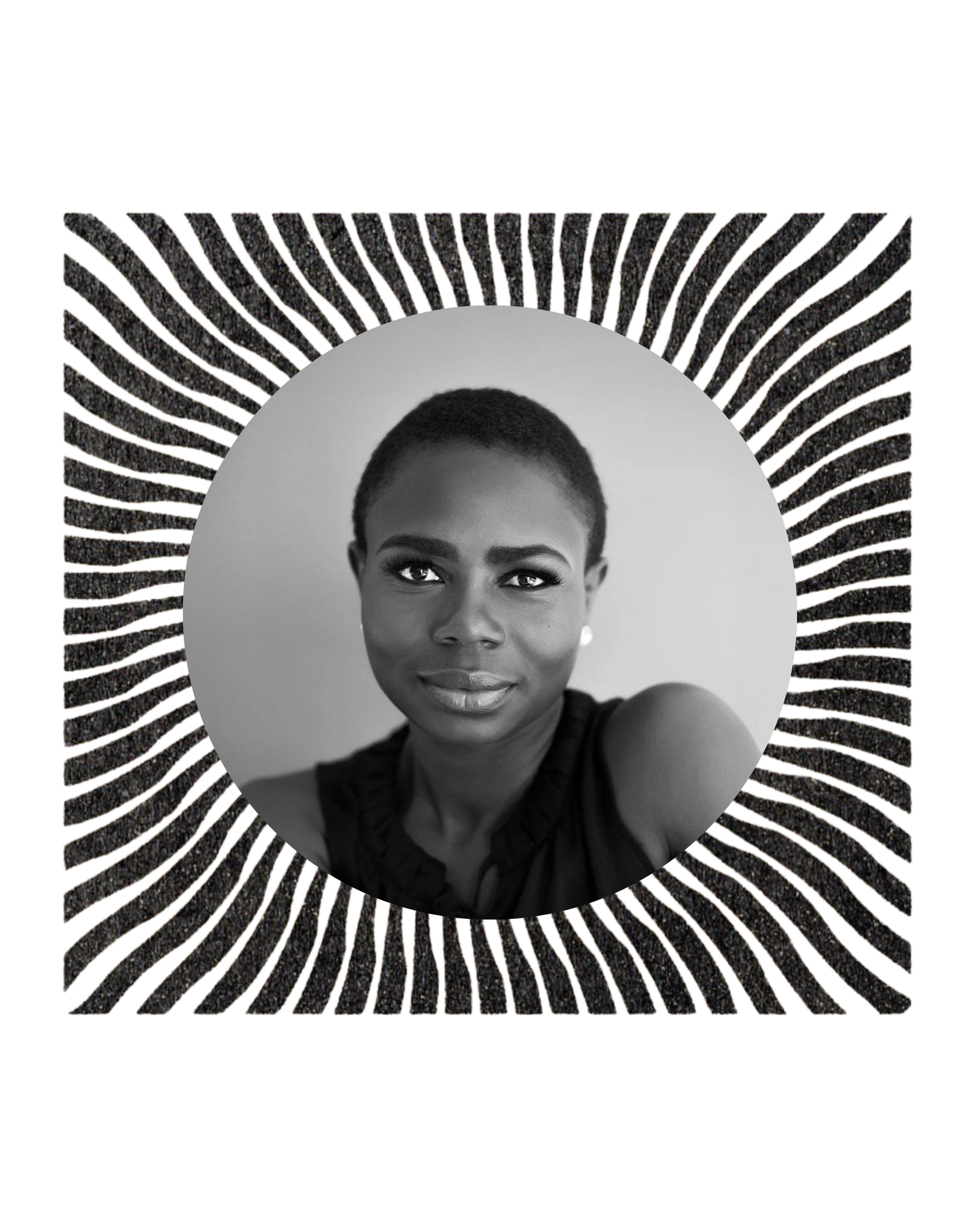 Black and white portrait of a woman with short hair and earrings, framed with a circular zebra pattern design.