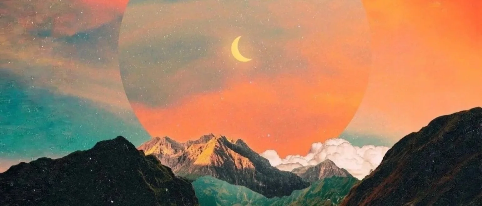 A surreal landscape featuring dark mountains in the foreground, a colorful sky with shades of orange, green, and pink, a large planet with a crescent moon in the sky, and a faint starry background.