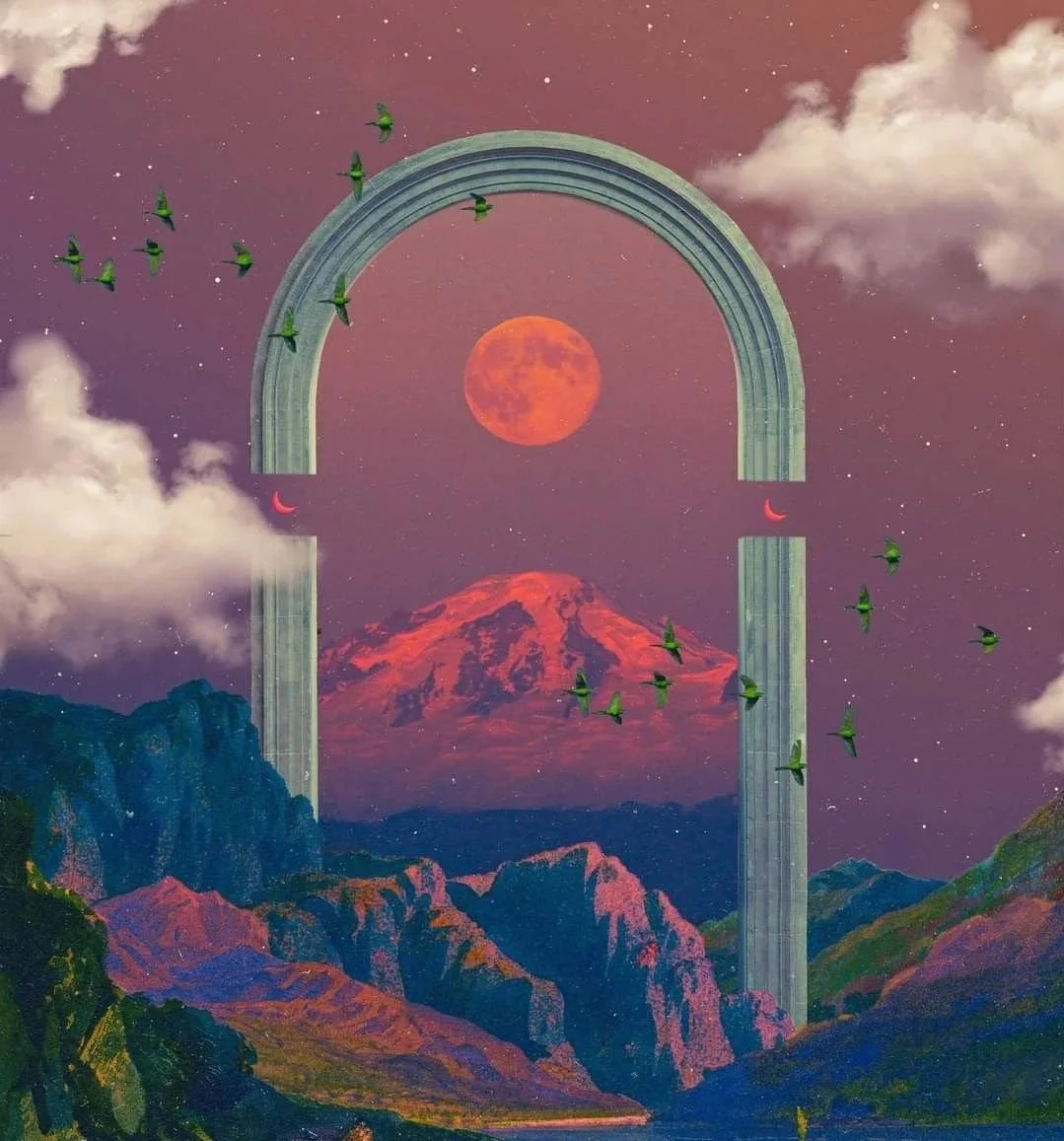 A surreal landscape with mountains and clouds, a mountain with snow in the background, a large red moon, and an archway with a fountain and flying birds.