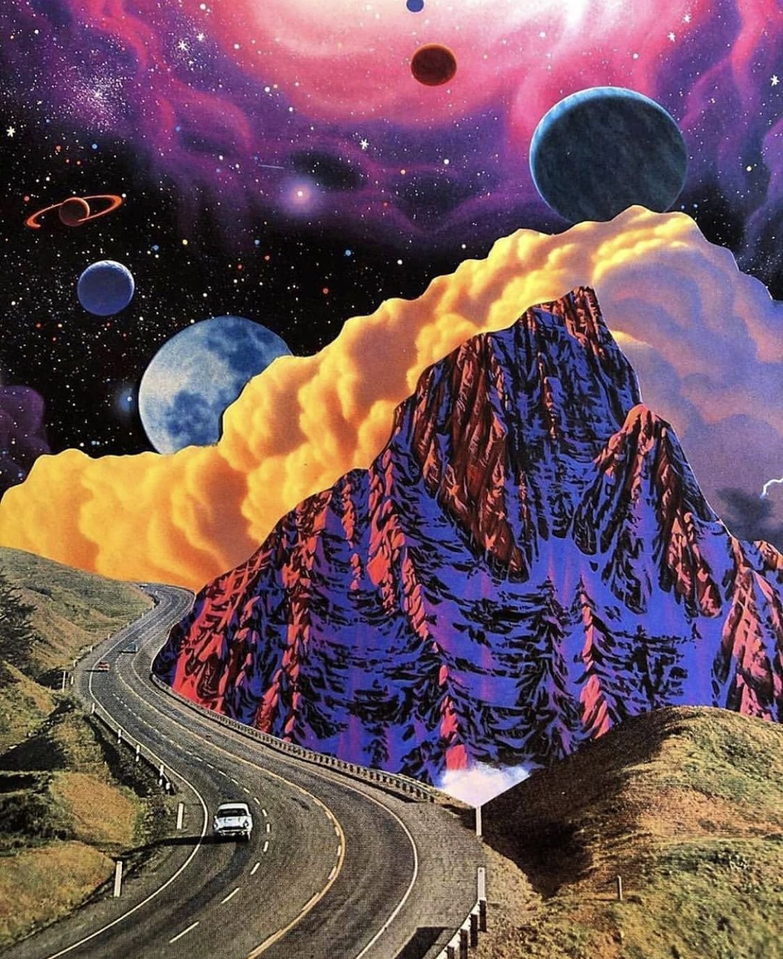 A surreal digital art scene combines a winding road, colorful mountains, and a cosmic sky with planets and nebulae.