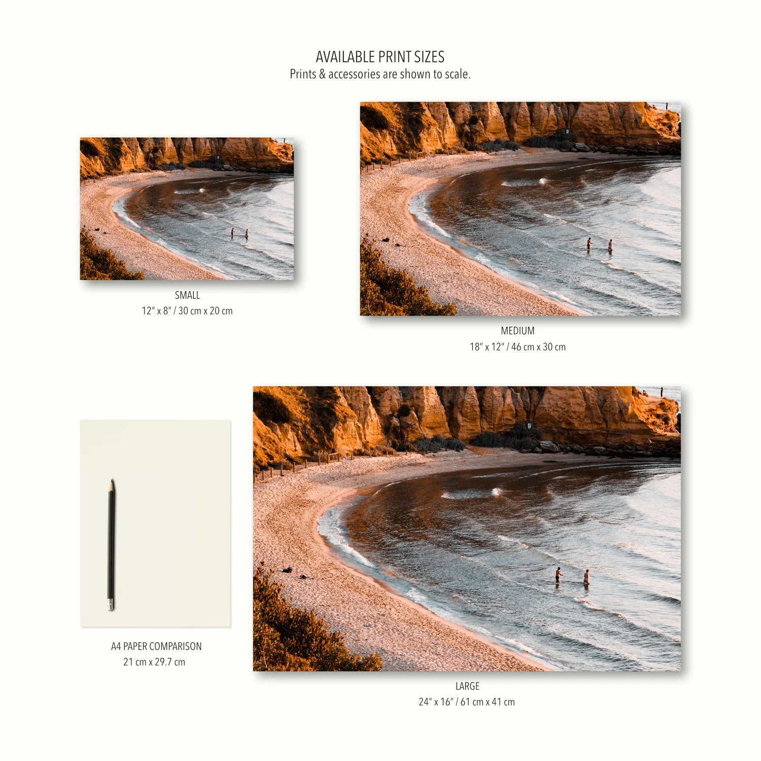 Print size guide for Black Rock Sandstone print showing small, medium, and large options in same scale..