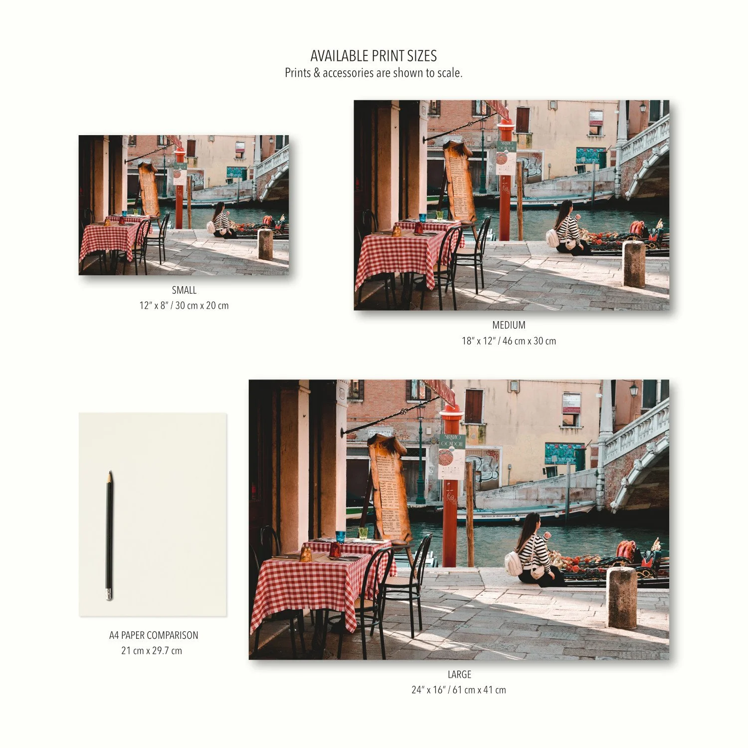 Three size options of the Quiet Moment in Venice print are displayed to scale on a cream canvas, together with stationery for context.