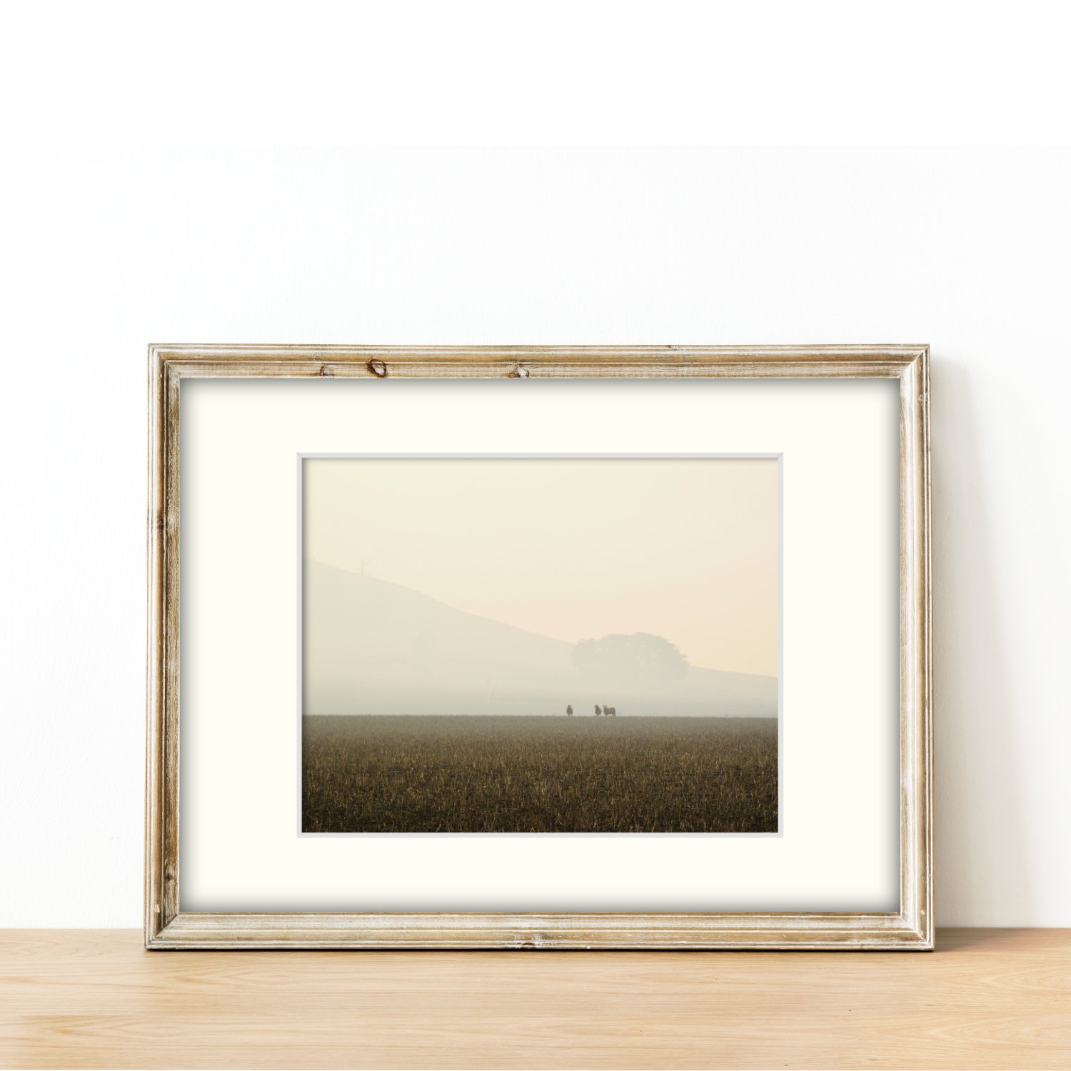Frame mount with print of 3 sheep in a smoke-hazed pasture in finalised picture frame sitting on sideboard, horizontal.