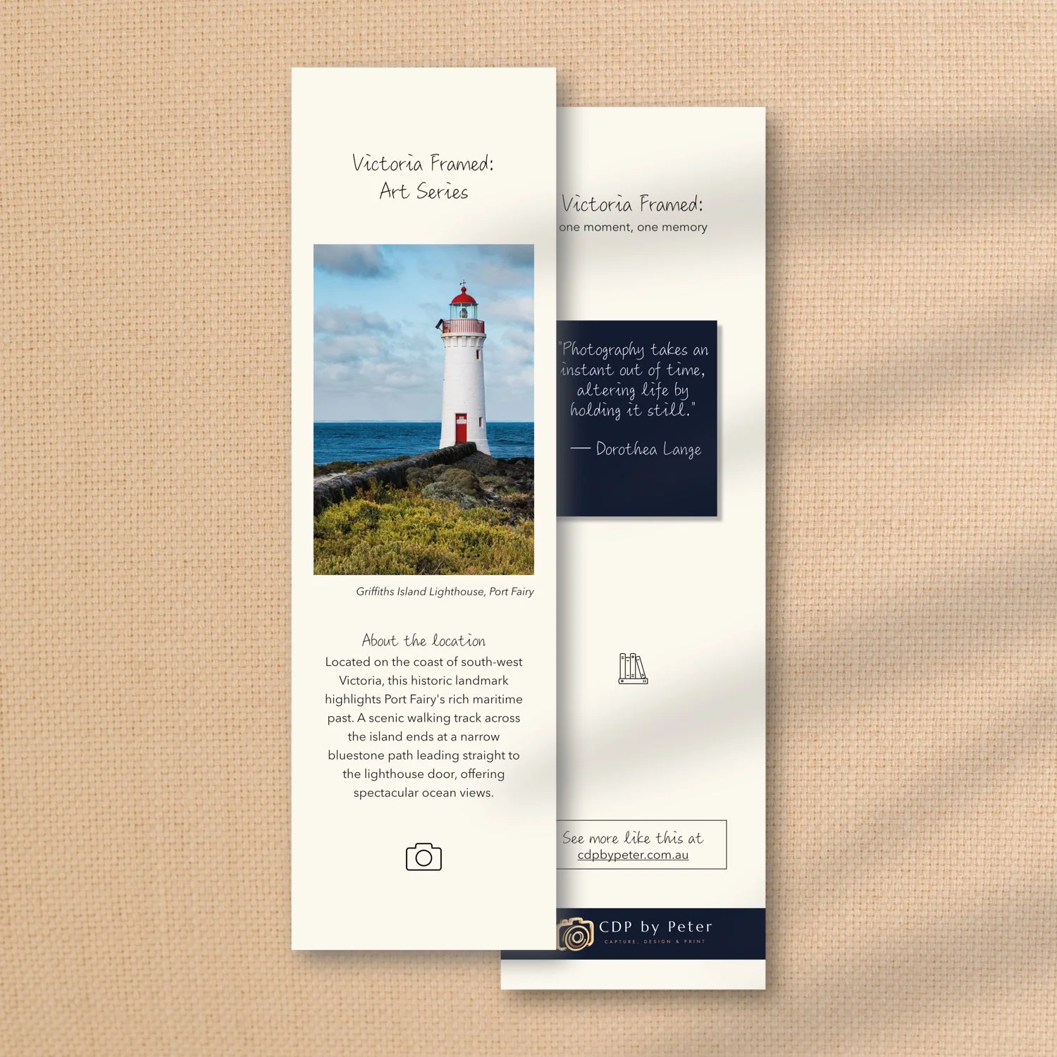 From the collection of Victoria Framed Premium Bookmarks here shown is one item, featuring an old lighthouse scene on side 1 and an adage on side 2.