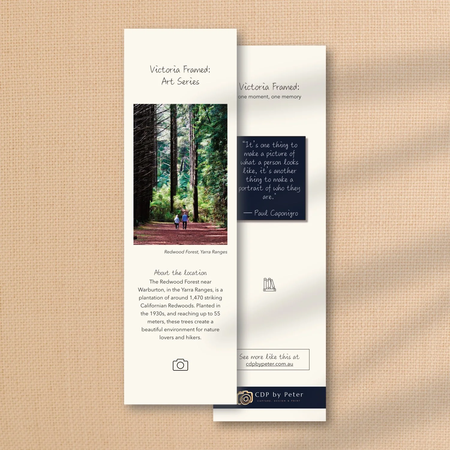 From the collection of Victoria Framed Premium Bookmarks here shown is one item, featuring a path through tall trees on side 1 and an adage on side 2.