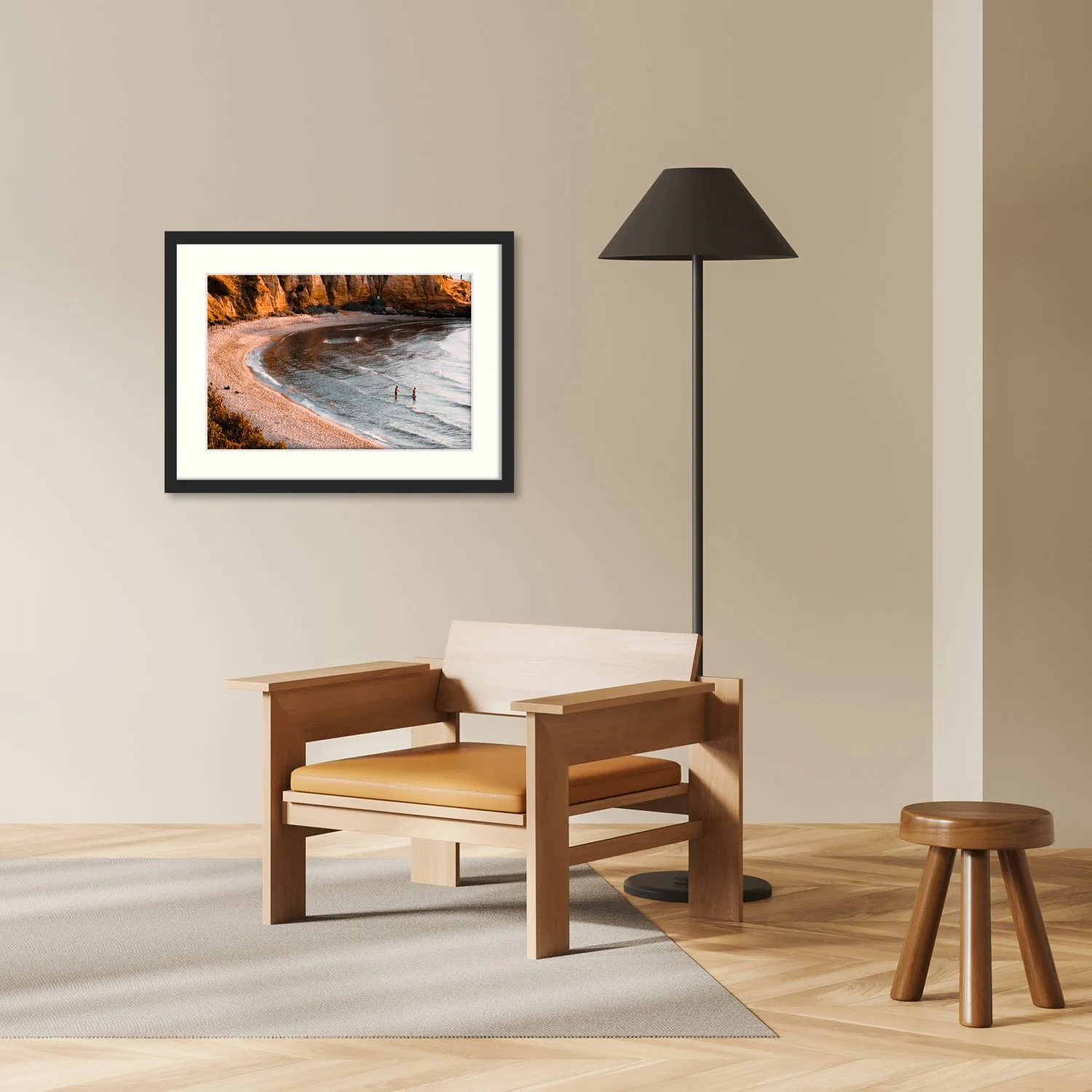 The Black Rock Sandstone print is seen framed on a wall in a modern, minimalist interior.