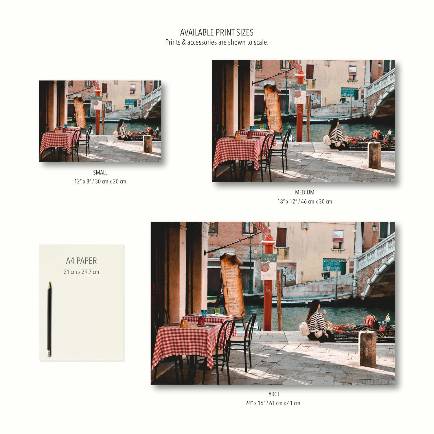 Three size options of the Quiet Moment in Venice print are displayed to scale on a cream canvas, together with stationery for context.