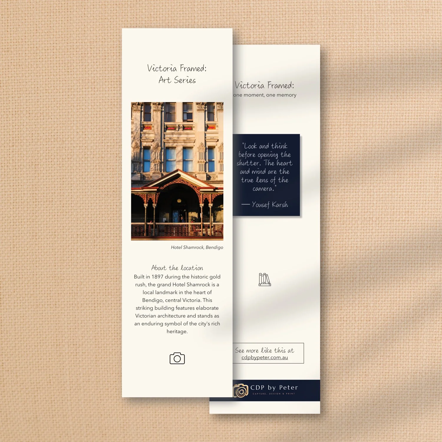 From the collection of Victoria Framed Premium Bookmarks here shown is one item, featuring historical architecture on side 1 and an adage on side 2.