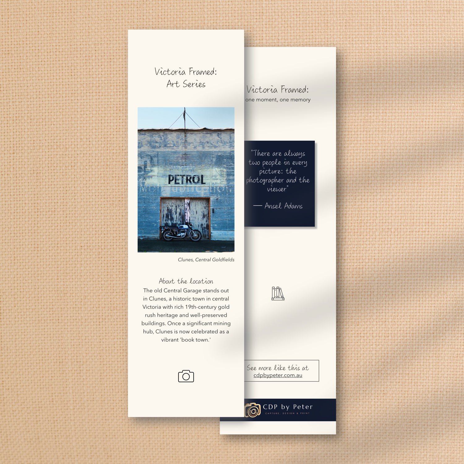 From the collection of Victoria Framed Premium Bookmarks here shown is one item, featuring an old 50s garage building on side 1 and an adage on side 2.