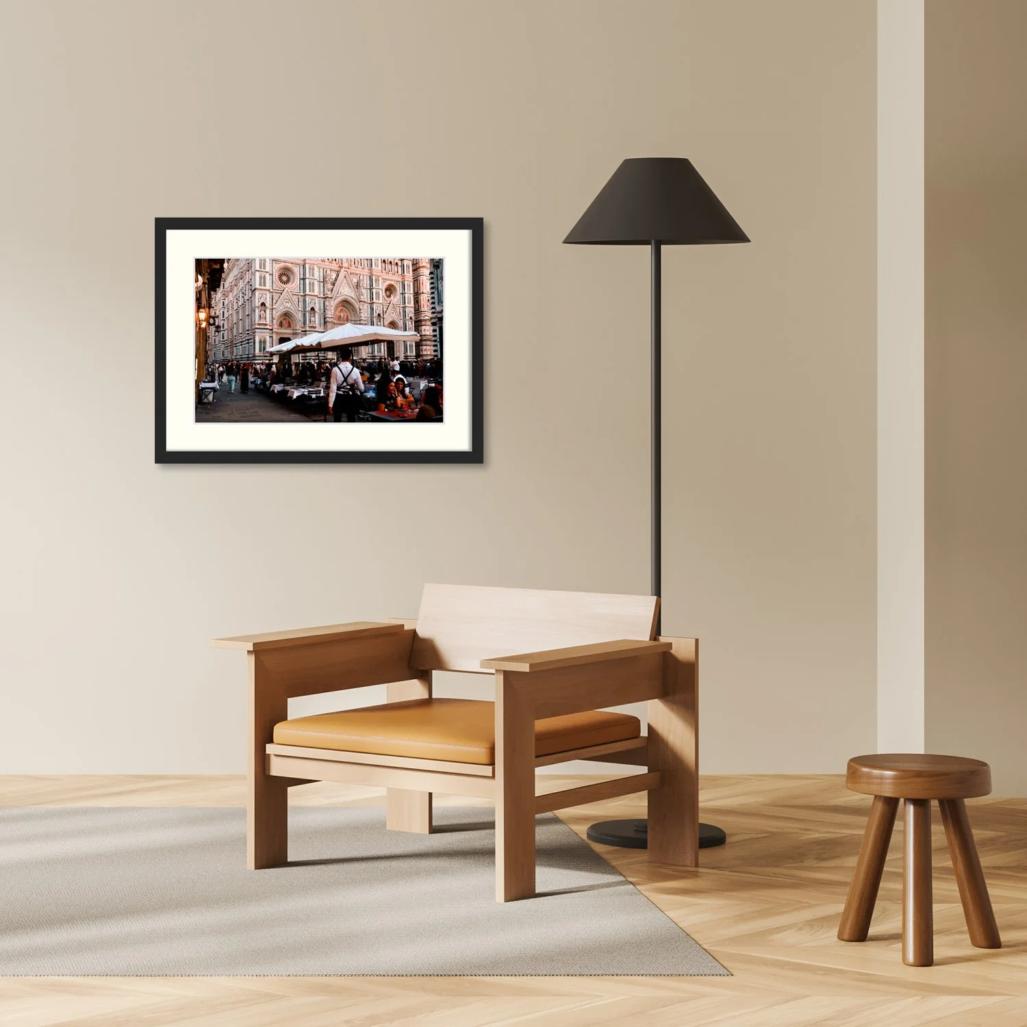 The Under the Duomo print is shown framed and displayed in a minimalist modern interior.