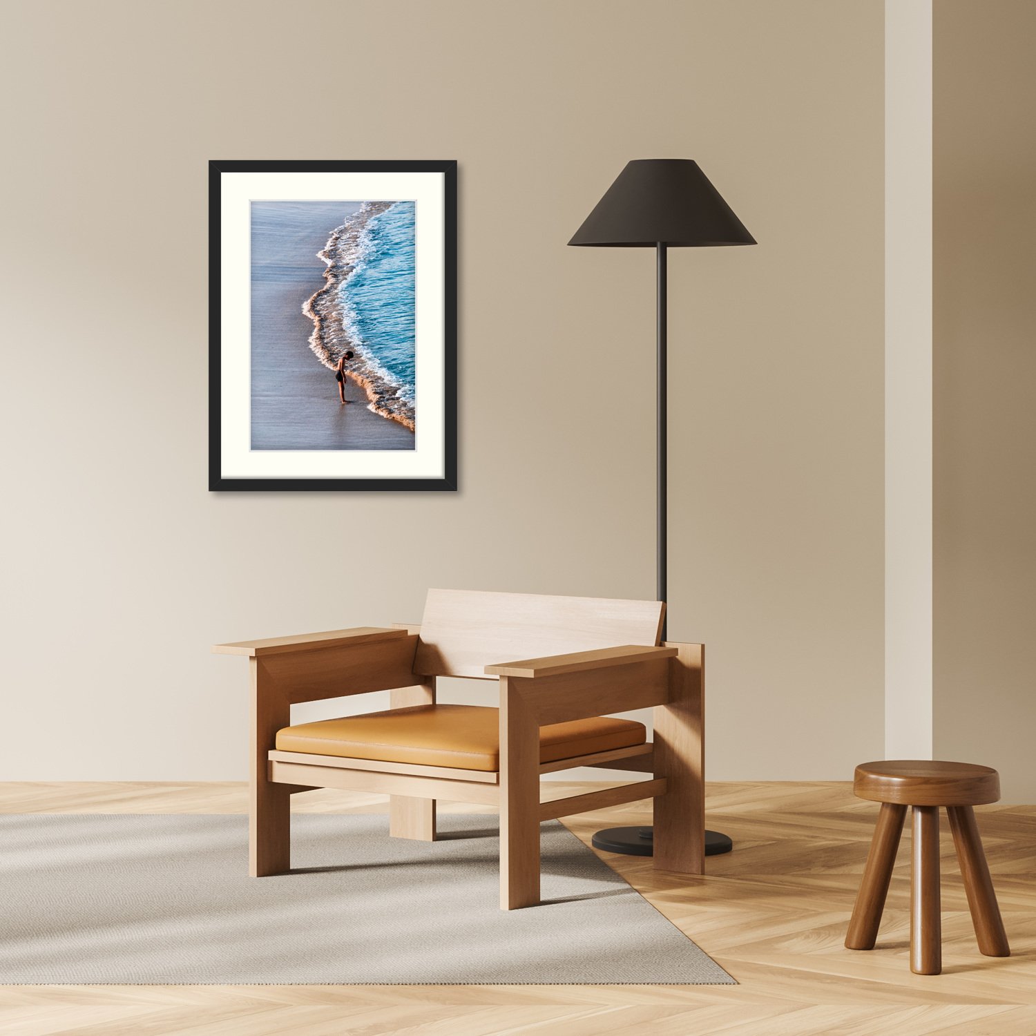 The Bondi Bathers print is displayed in a black frame on a neutral wall in a minimalist interior setting.