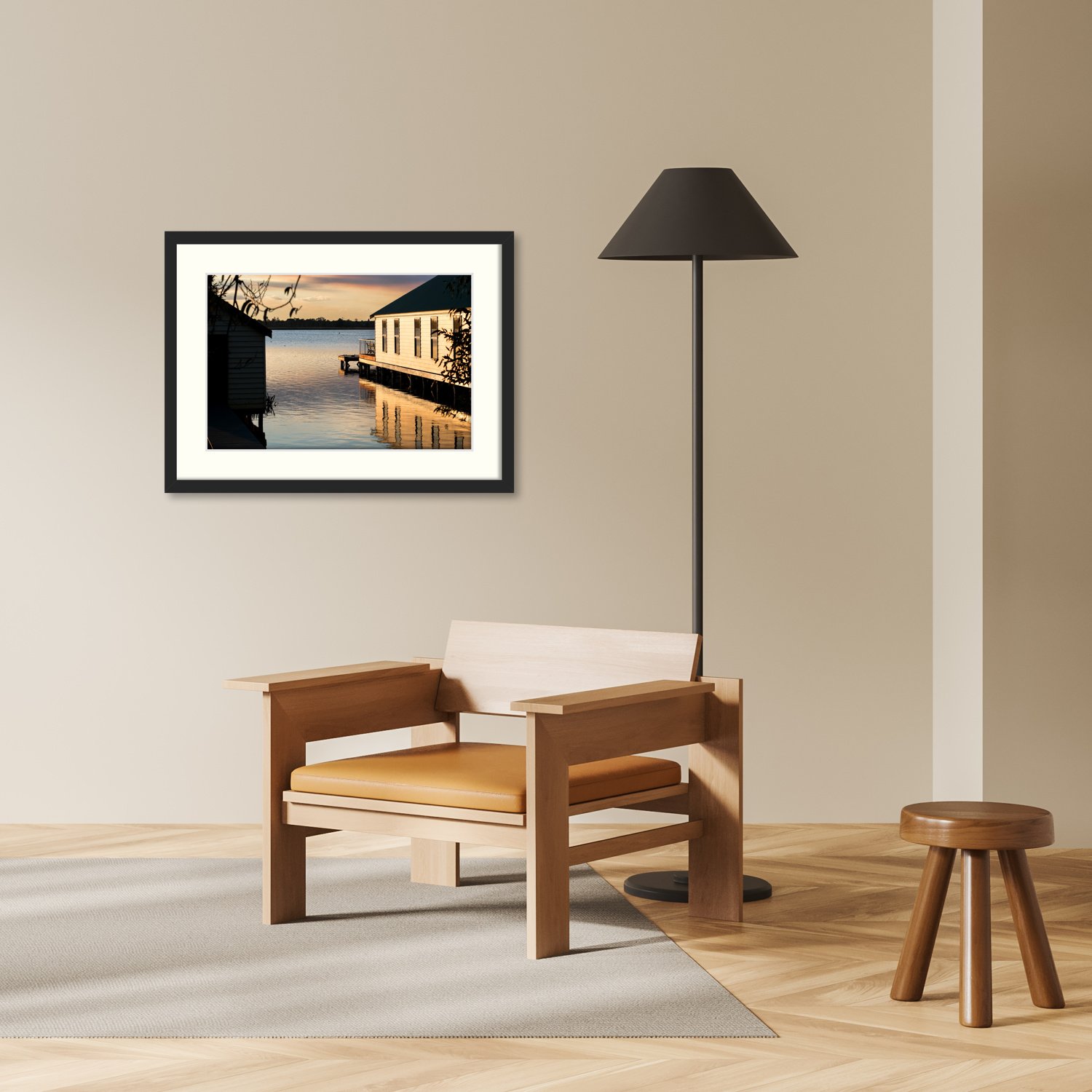 The Wendouree Gold print is displayed in a contrasting black frame on a wall in a modern, minimalist interior.