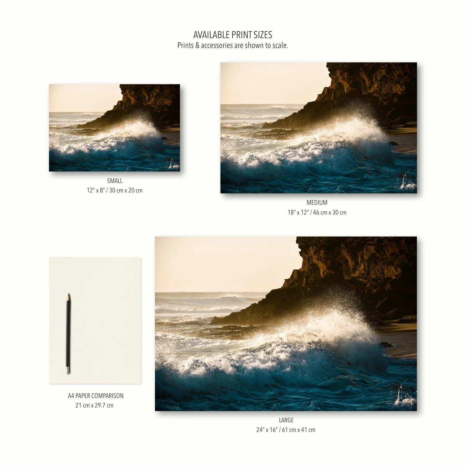 Three different sizes of The Coastal Surge print shown together with stationery props to illustrate scale for small, medium, and large options.