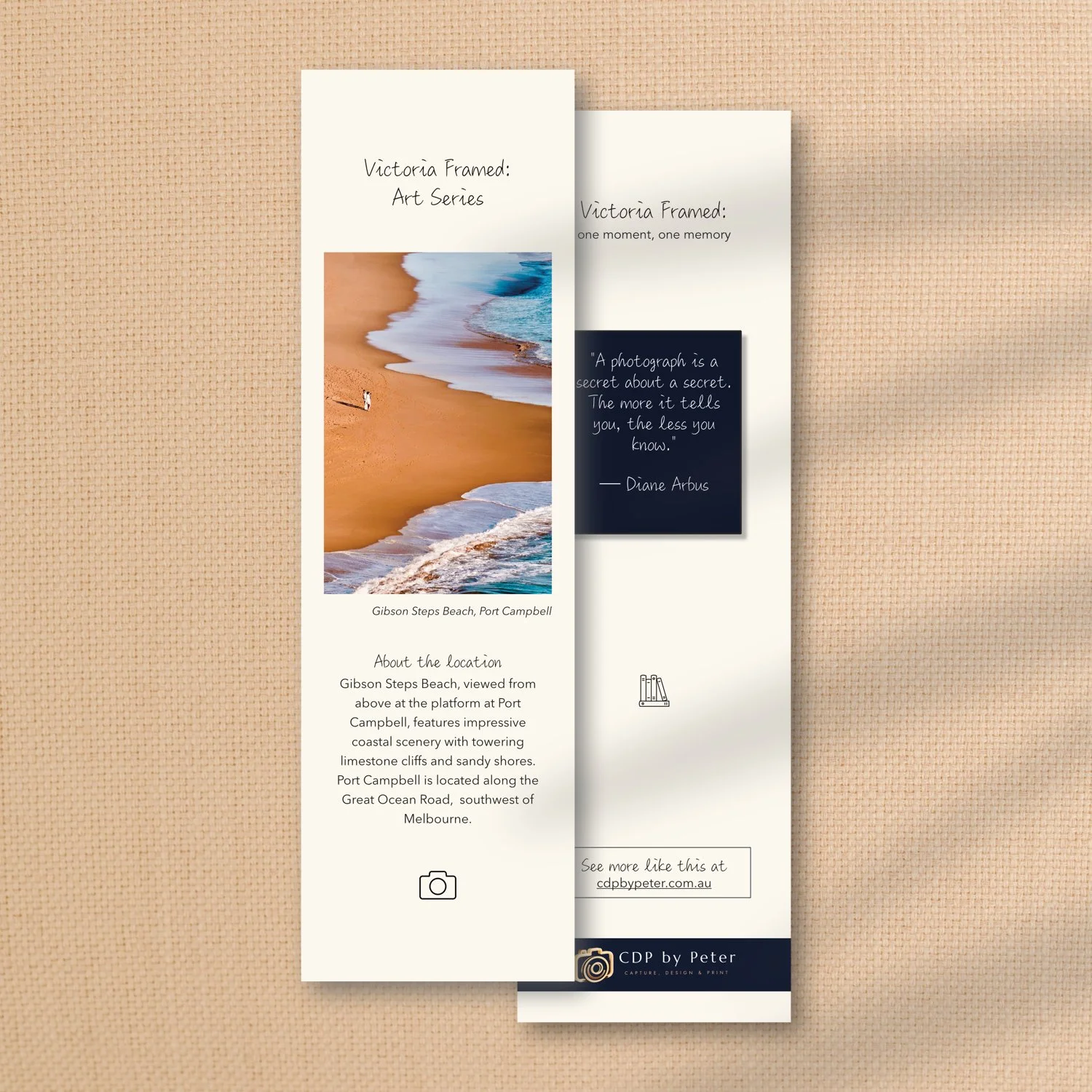 From the collection of Victoria Framed Premium Bookmarks here shown is one item, featuring a tidal scene with golden sands on side 1 and an adage on side 2.