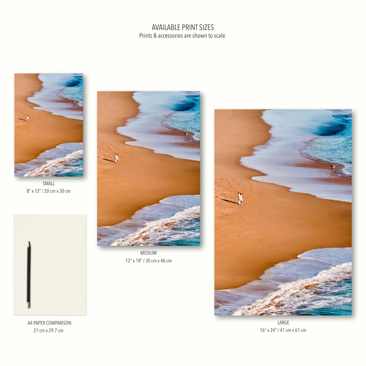 Visual size guide for Tidal Paths vertical print in Small, Medium, and Large options to help with home styling.