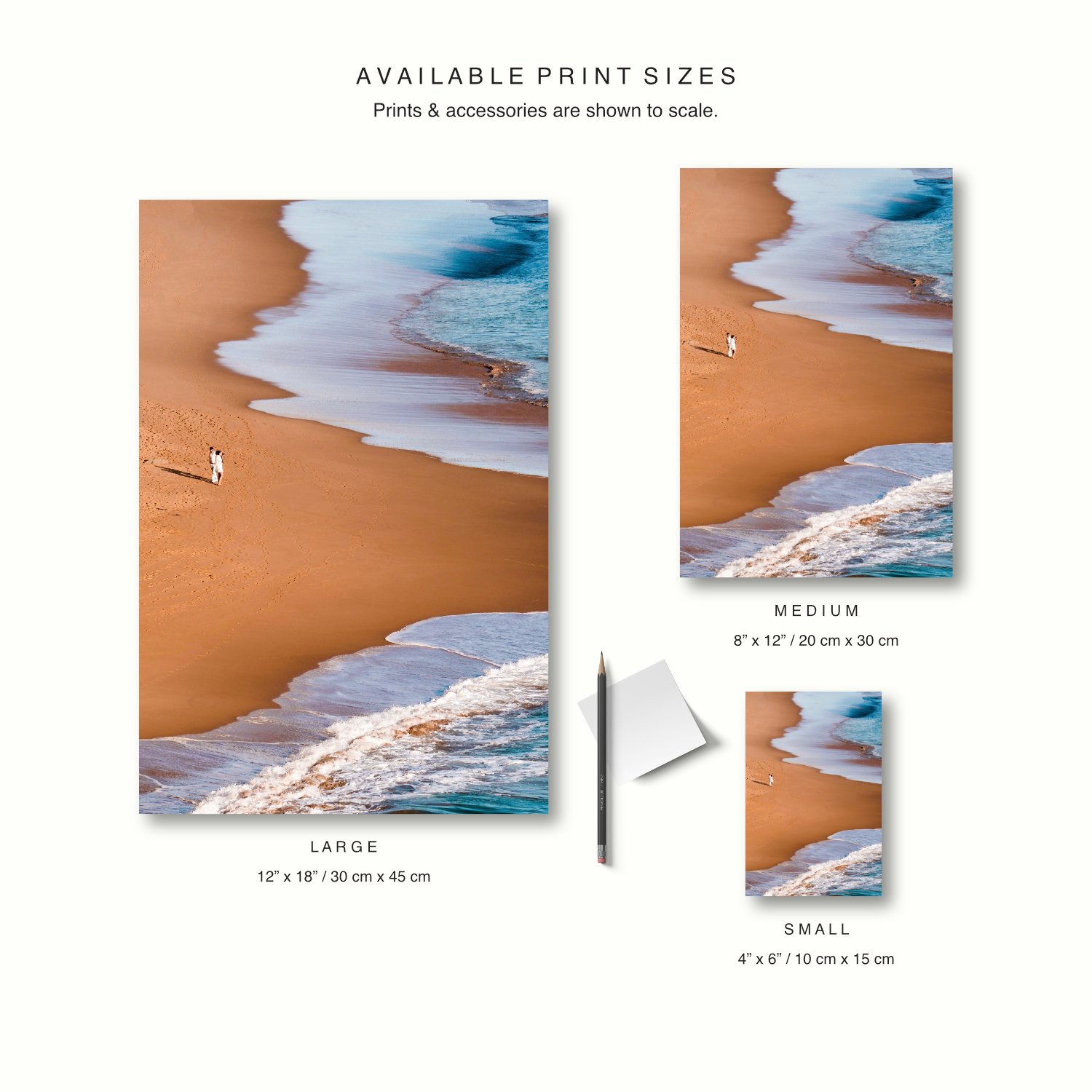Three size options of the Tidal Paths print, vertical are displayed to scale on a cream canvas, together with a pencil for context.