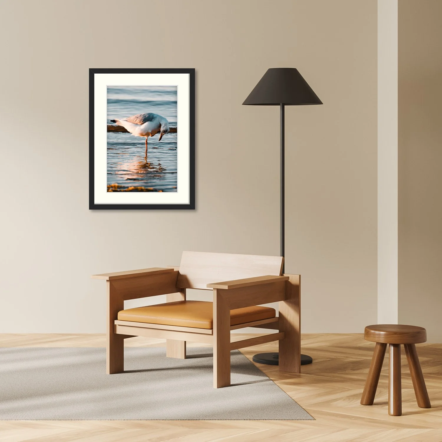 Balancing Act fine art print in a minimalist black frame, styled in a contemporary living room with neutral tones.