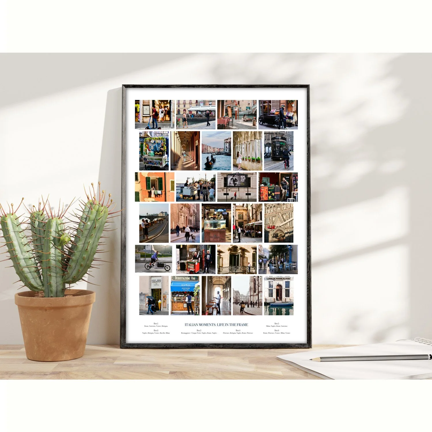 Italian Moments Poster is displayed in a modern frame on a sideboard to show decor potential.