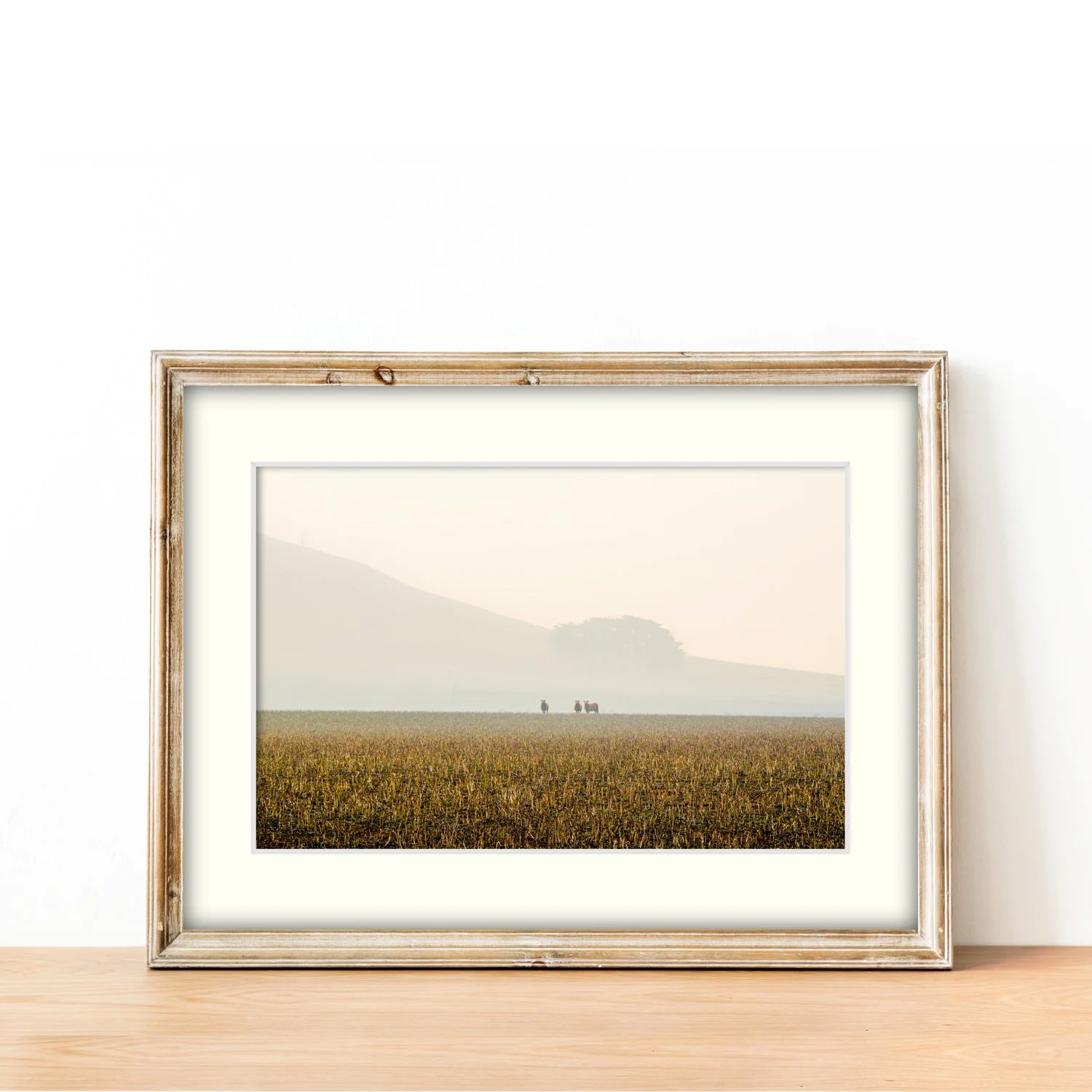 Frame mount with the Through the Haze print, horizontal perspective in finalised picture frame sitting on sideboard.