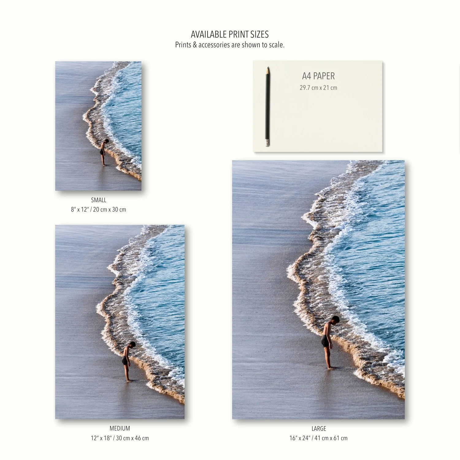 A layout showing 3 available sizes for the Bondi Bathers fine art print, displaying how the composition scales across different dimensions.