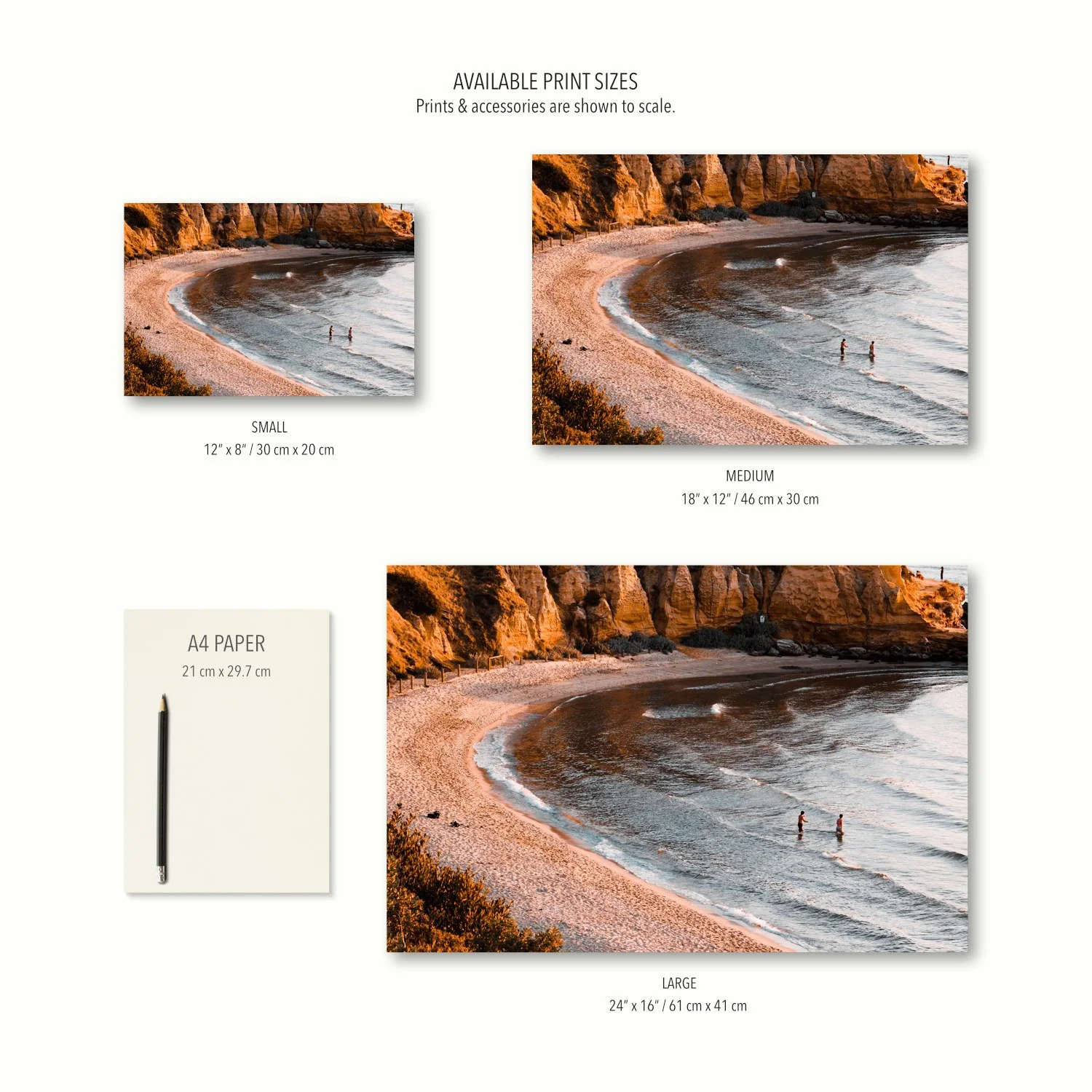 Print size guide for Red Bluff Cove showing small, medium, and large options in same scale as A4 paper.