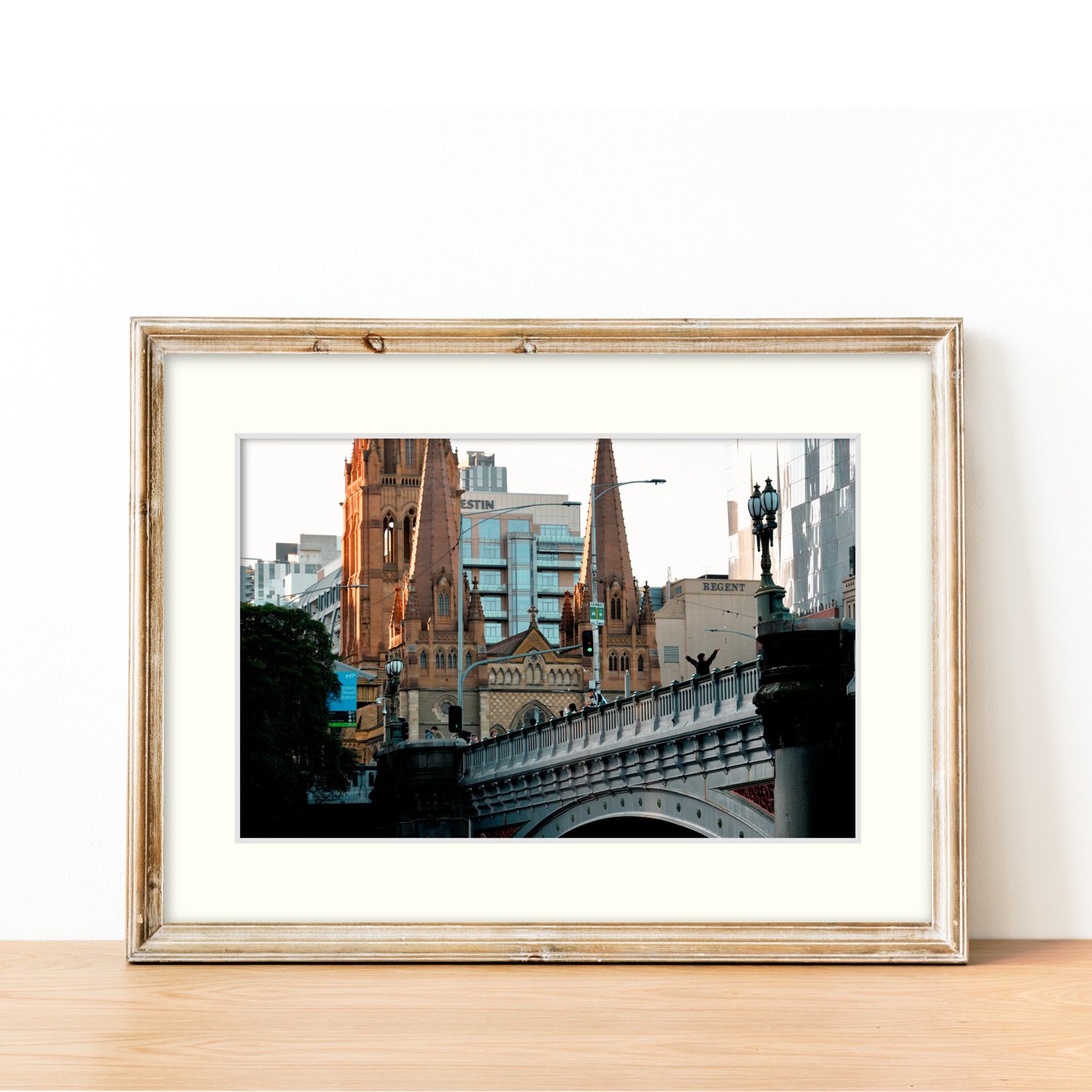 Frame mount with print of Princes Perspective in finalised picture frame sitting on a sideboard.