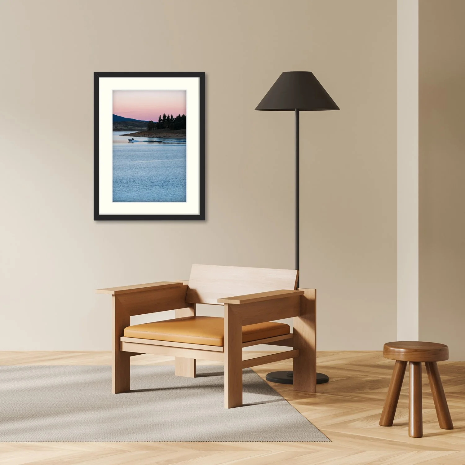 Framed print of the lake and mountains scene, Alpine Twilight hanging in a black frame in a modern interior.