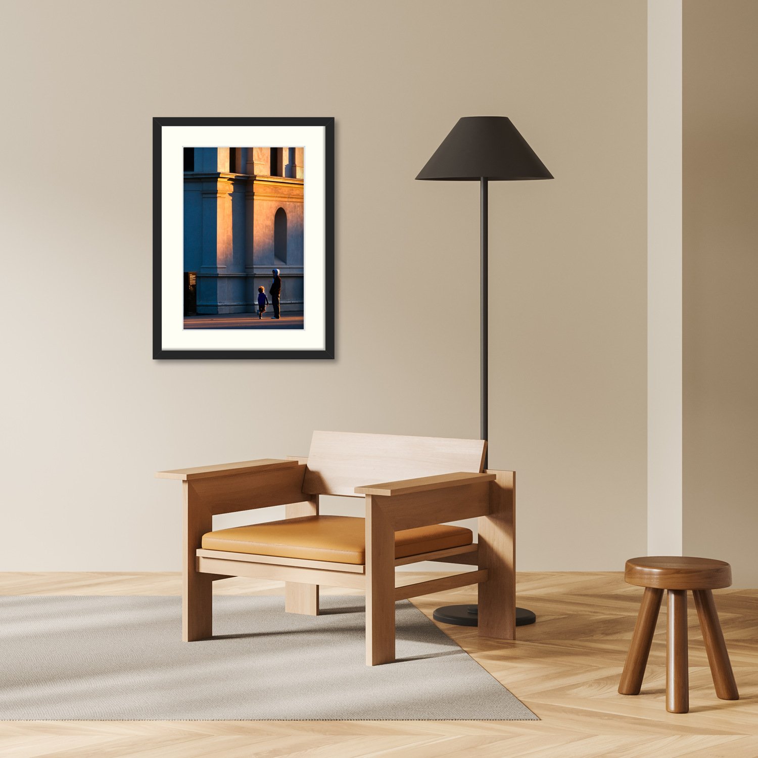 Where the Light Lands fine art print in a minimalist black frame, styled in a contemporary living room with neutral tones.