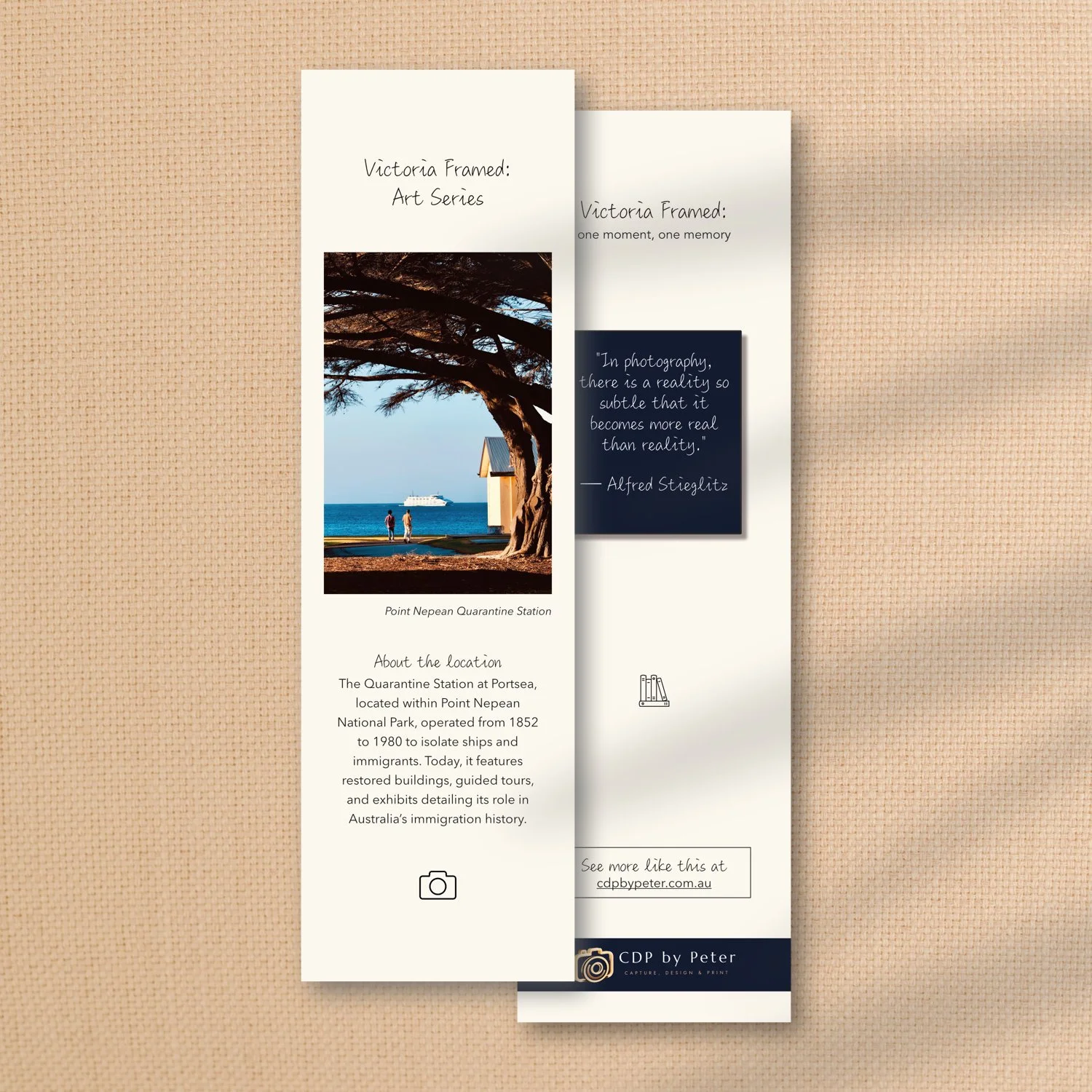 From the collection of Victoria Framed Premium Bookmarks here shown is one item, featuring a lbayside scene on side 1 and an adage on side 2.