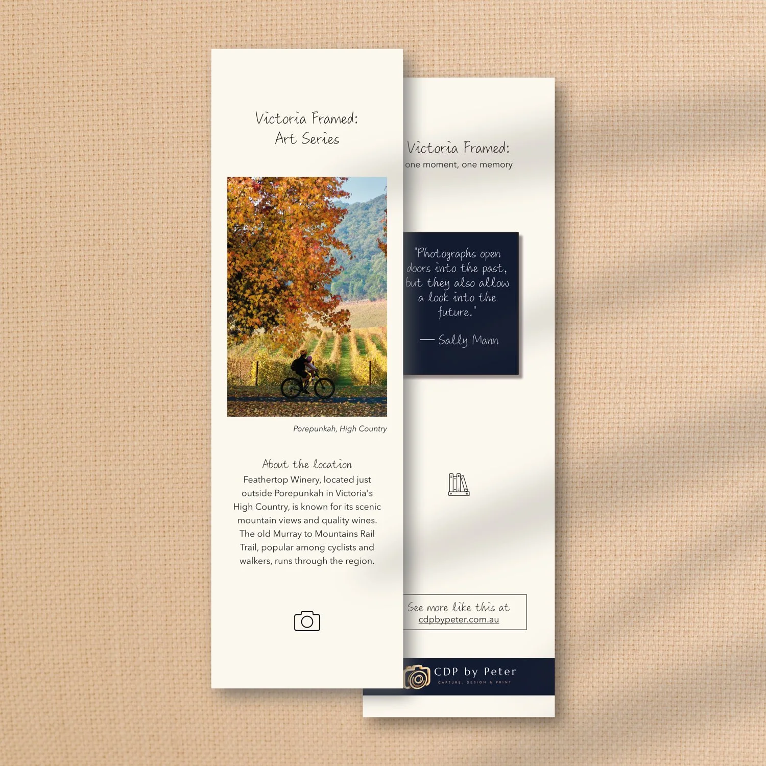 From the collection of Victoria Framed Premium Bookmarks here shown is one item, featuring autumn foliage and grapevines  on side 1 and an adage on side 2.