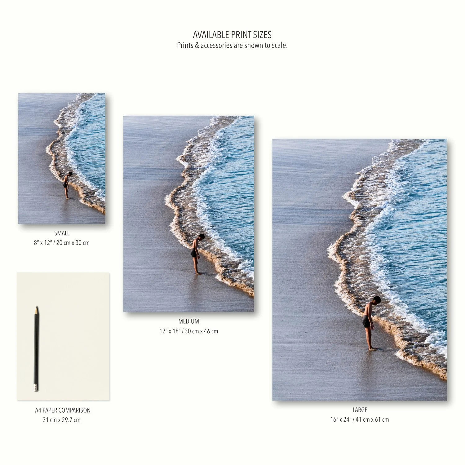A layout showing 3 available sizes for the Bondi Bathers fine art print, displaying how the composition scales across different dimensions.