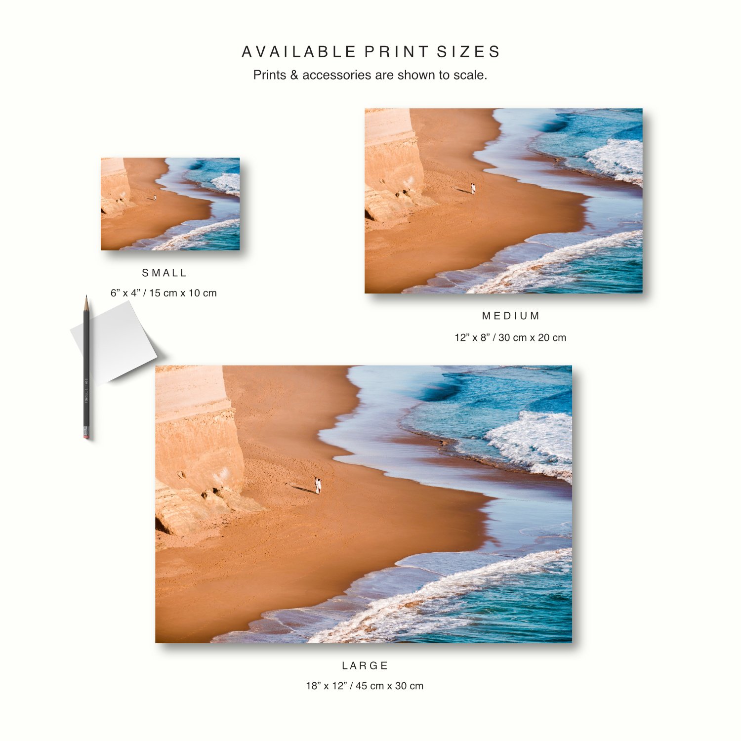 Three size options of the Tidal Paths print, horizontal are displayed to scale on a cream canvas, together with a pencil for context.