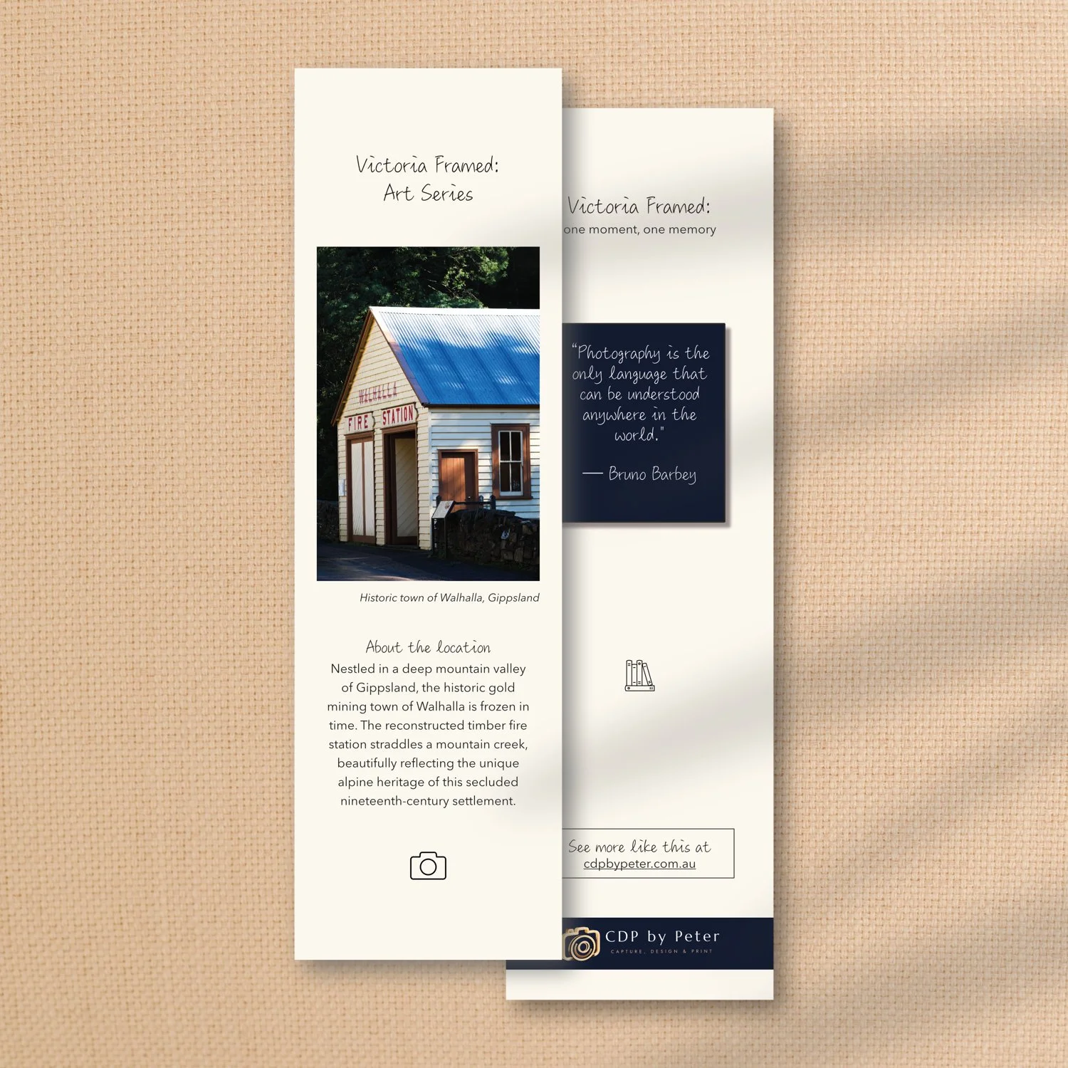 From the collection of Victoria Framed Premium Bookmarks here shown is one item, featuring an old fire building amongst trees on side 1 and an adage on side 2.