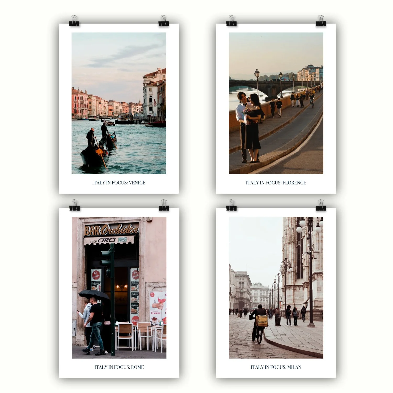 Four posters in the series Italy in Focus are displayed on a cream canvas - Venice, Florence, Rome, Milan.