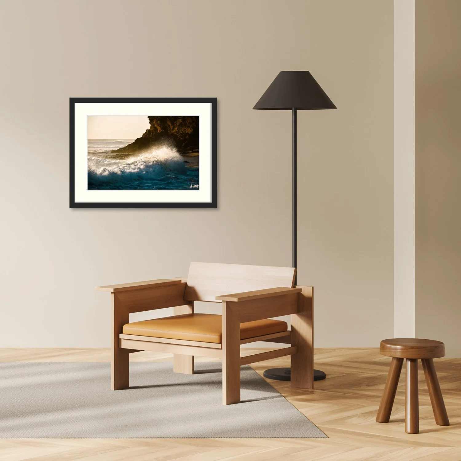 A horizontal landscape orientation of The Coastal Surge print in a minimalist black frame hanging on a wall in a modern interior setting.