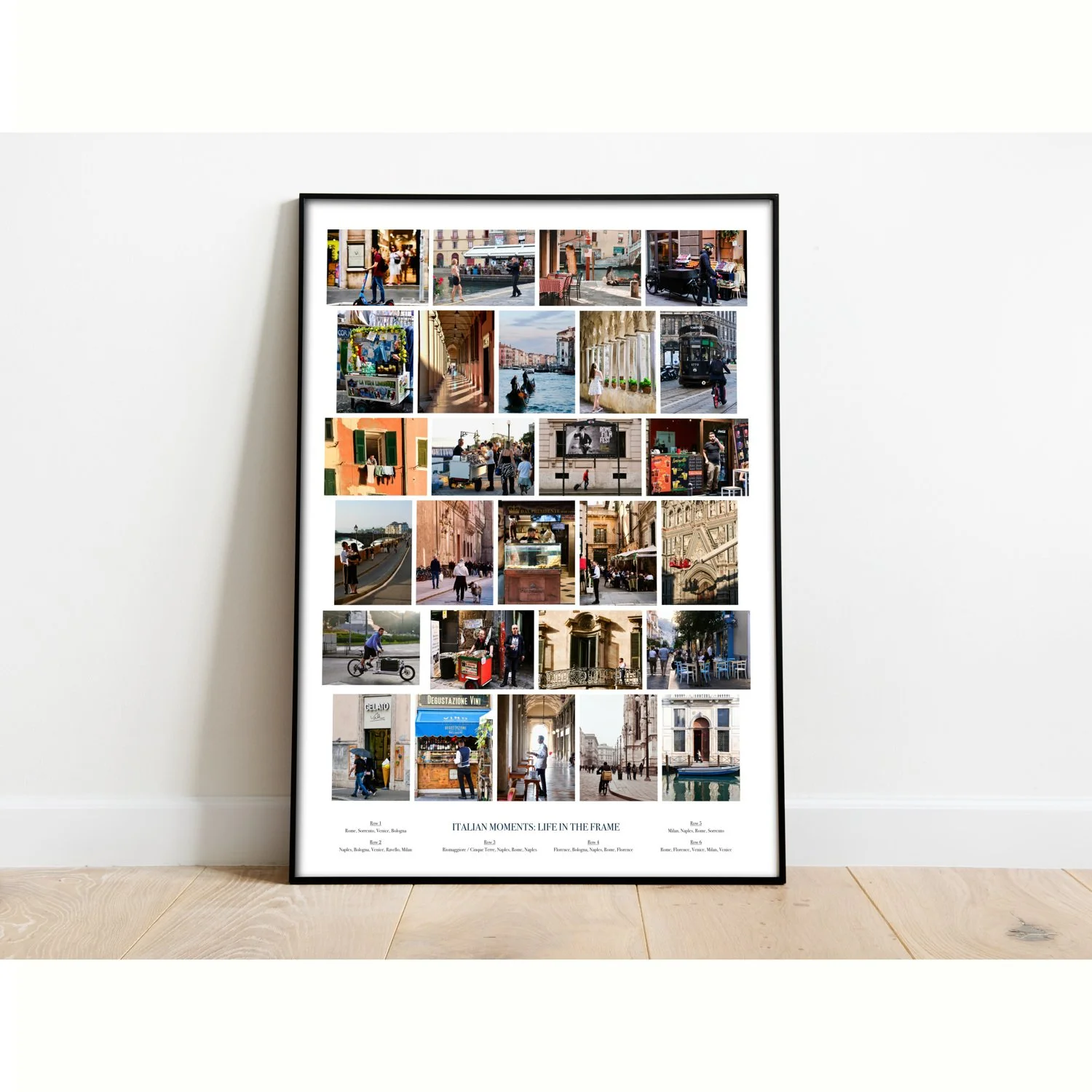 Italian Moments Poster is displayed in a modern frame on the floor to show decor potential.