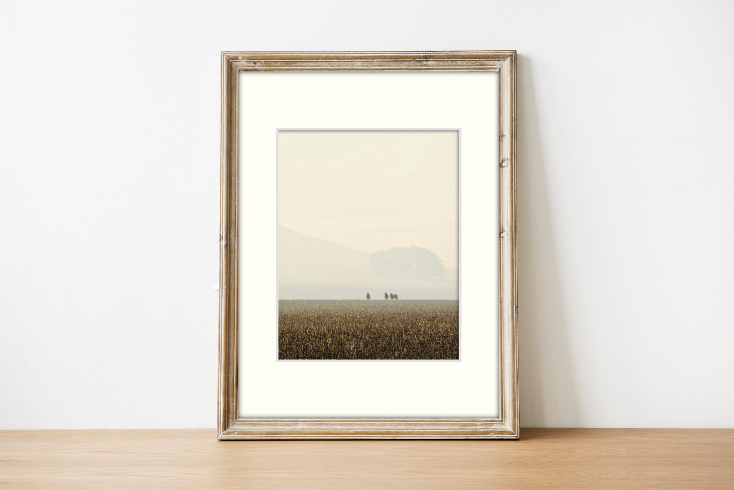 Frame mount with print of 3 sheep in a smoke-hazed pasture in finalised picture frame sitting on sideboard, vertical.