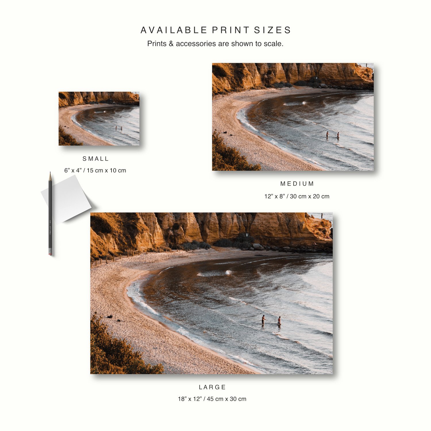 Three size options of the Cliffside Serenity print are displayed to scale on a cream canvas, together with a pencil for context.