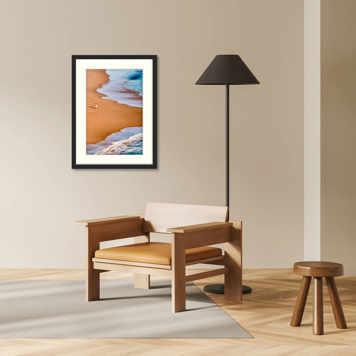 Vertical Tidal Paths fine art print in a minimalist black frame, styled in a contemporary living room with neutral tones.