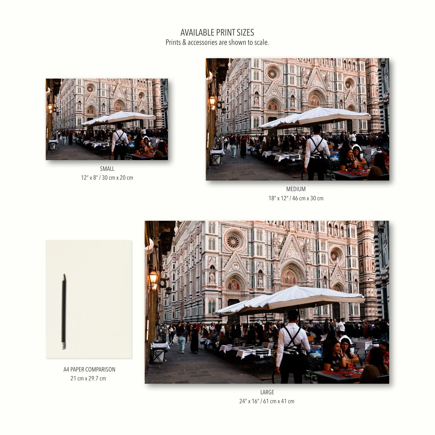 Three size options of the Under the Duomo print are displayed to scale on a cream canvas, together with props for context.