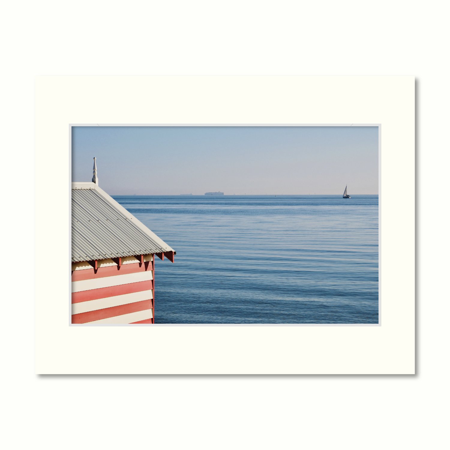 RTF Print: Candy Striped Bathing Box - a frame mount containing a photo of a red and white bathing box against vivid blue waters.