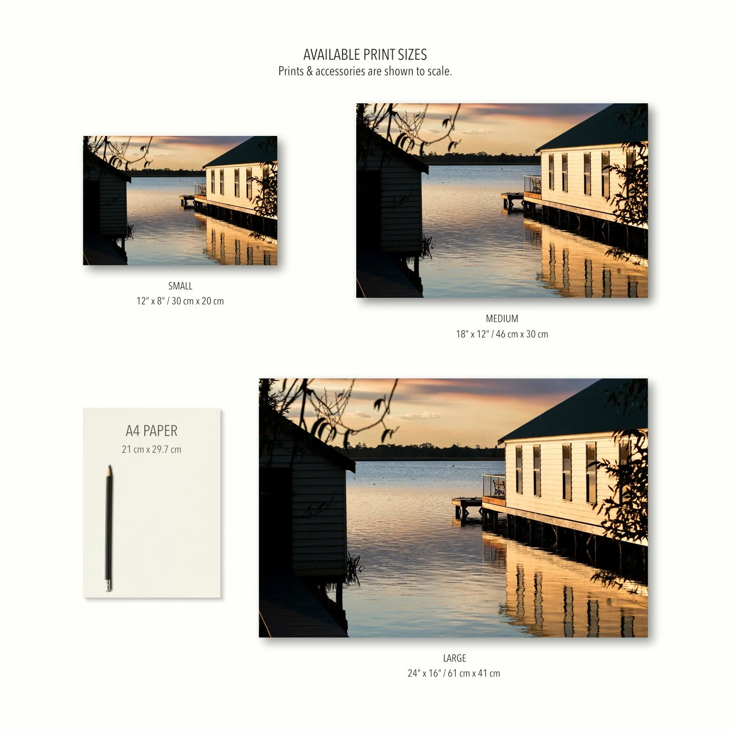 Three size options of the Wendouree Gold print are displayed to scale on a cream canvas, together with props for context.